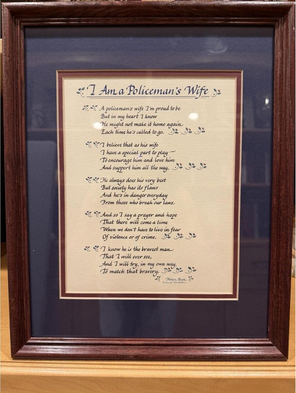 Vtg 1995 Laura Leiden Calligraphy “I Am A Policeman’s Wife” Framed 15X12